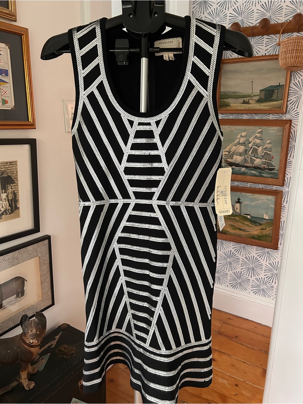 NWT Nicole Miller Atelier Black & Matte Silver Sequin Geometric Knit Dress